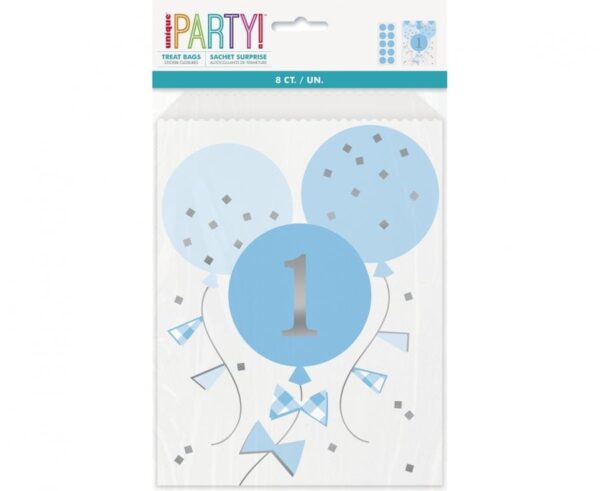 First Birthday blå papperspåsar, 8-pack