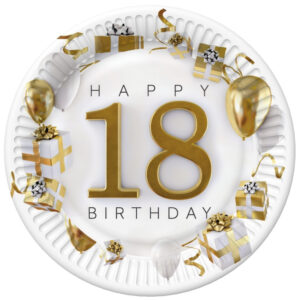 Happy Birthday 18 pappersassietter med gulddetaljer 8-pack 18 cm