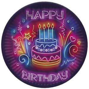 Happy Birthday Neon Tårtpapperstallrik 8-pack 18 cm