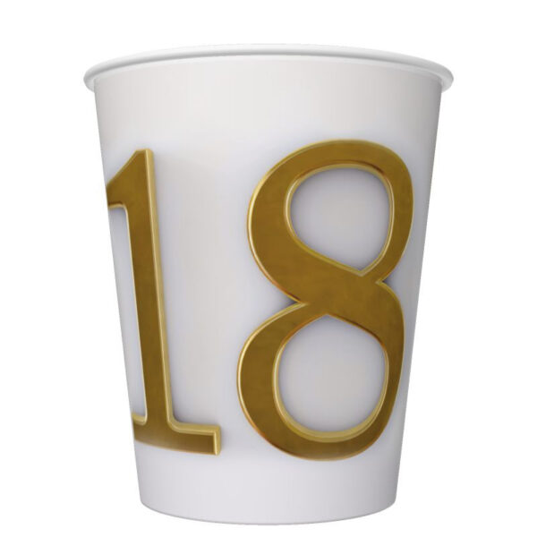 Happy Birthday 18 pappersmuggar 8-pack 250 ml med gulddetaljer