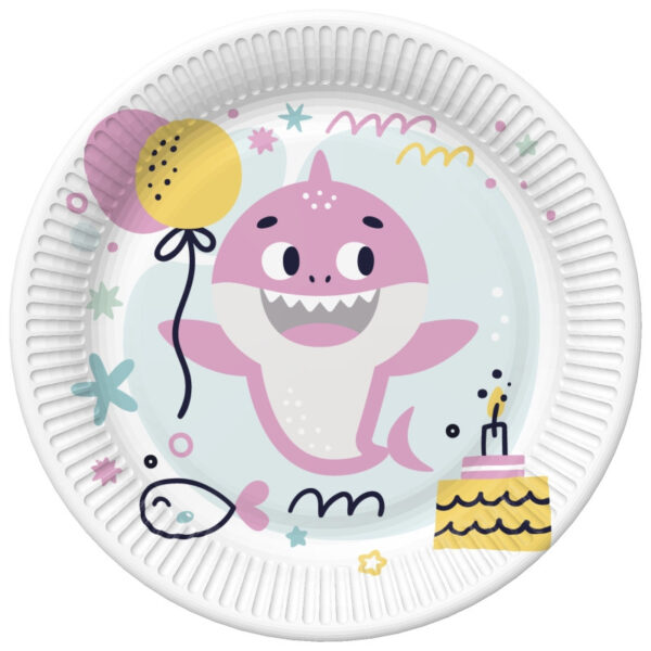 Happy Birthday papperstallrikar med rosa haj, 22,7 cm, 8-pack