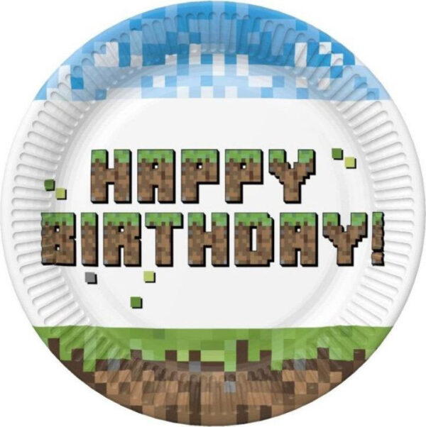 Happy Birthday Pixel Block pappersassiett, 8 st, 22,7 cm