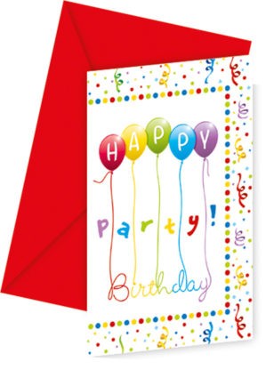 Happy Birthday Streamers Inbjudningskort till födelsedagsfest, set om 6
