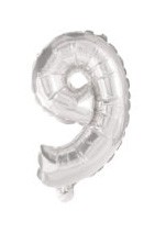 Number Silver, silverfärgad folieballong siffra 9, 10 cm