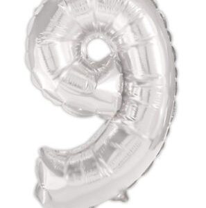 Number Silver, silverfärgad folieballong siffra 9, 95 cm