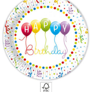 Happy Birthday Streamers Pappersassietter 8-pack 23 cm FSC