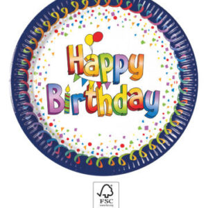 Happy Birthday pappersassiett 8-pack 23 cm FSC