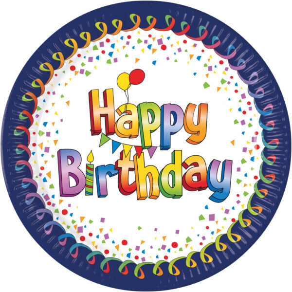 Happy Birthday pappersassietter 8-pack 20 cm FSC