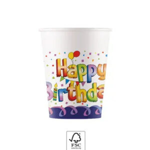 Happy Birthday pappersmuggar, 8-pack, 200 ml, FSC