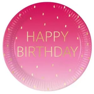 Happy Birthday Gyllene Rosa Pappersassietter 8-pack 23 cm FSC