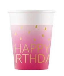 Happy Birthday Golden Pink pappersmugg, 8 st, 200 ml, FSC