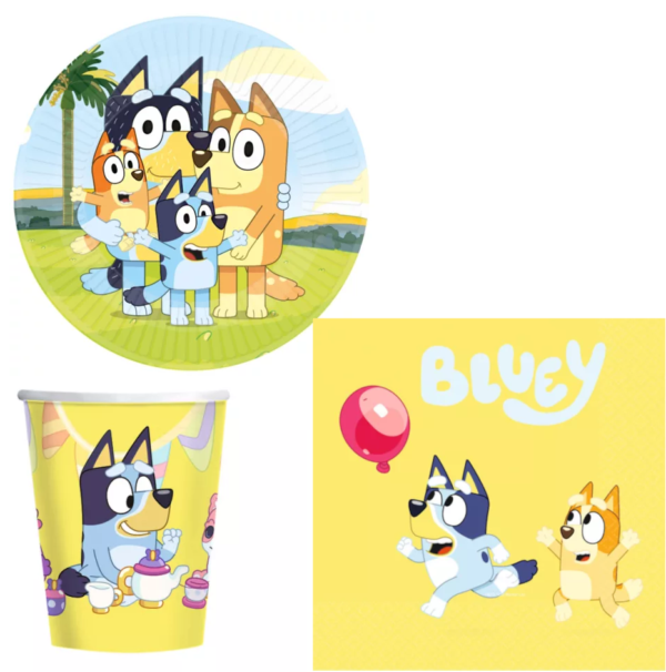 Bluey kalaspaket för 8 personer – tallrikar 23 cm, muggar 227 ml & servetter