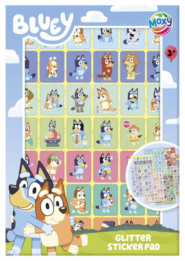 Bluey Friends klistermärkesalbum med glitter, 15x21 cm, 8 sidor