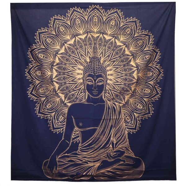 Dubbelt Bomullsöverkast + Väggdekoration - Buddha - Blå & Guld