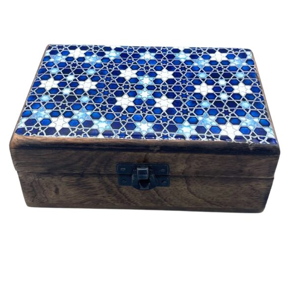 Medelstor Trälåda med Keramisk Glasyr - 15x10x6cm - Blå Stjärnor