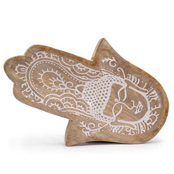 Lång Bricka 30x20.5x2.5cm - Hamsa-form med Buddha - Vittvättad