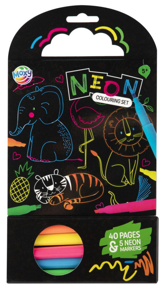 Djur Neon Målarbok med 5 tuschpennor, 40 sidor, 15x15 cm