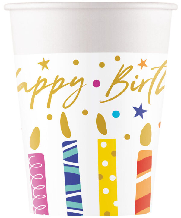 Färgglada pappersmuggar Happy Birthday 8-pack 200 ml FSC